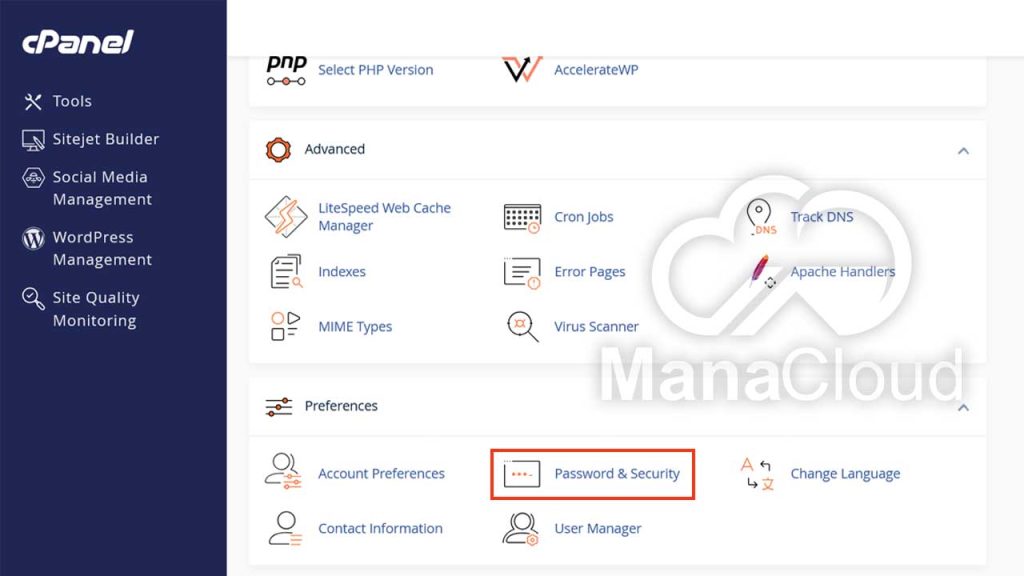 انتخاب گزینه Password & Security