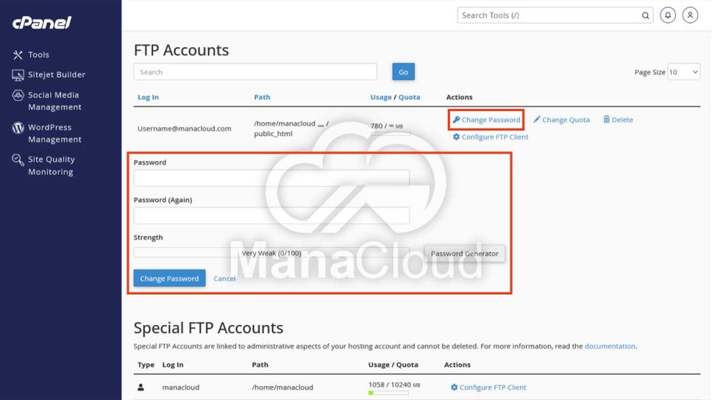 تغییر رمز عبور FTP