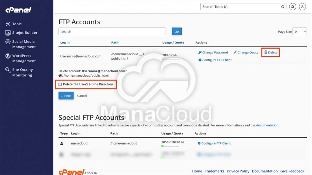 حذف اکانت FTP