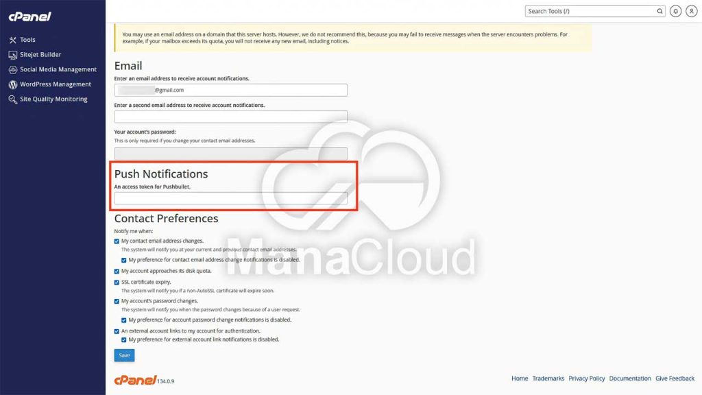 بخش Push Notifications در Contact Information