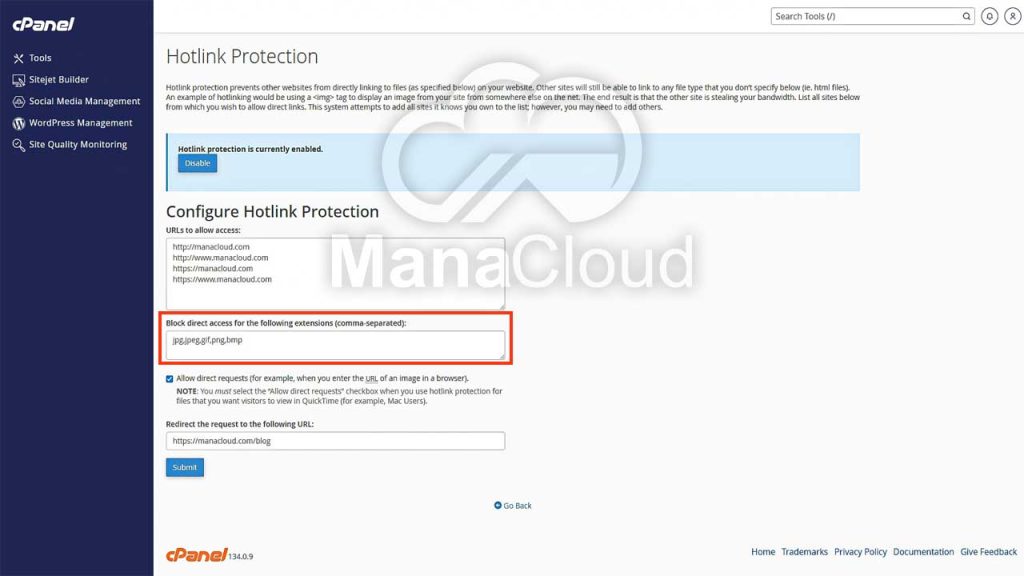 Block direct access for the following extensions