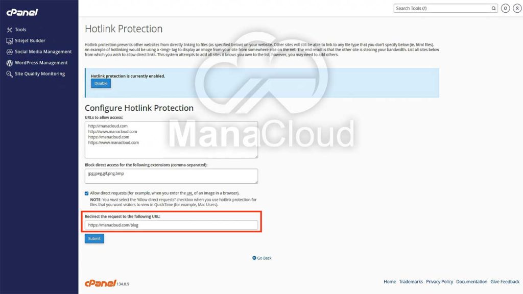 Redirect the request to the following URL