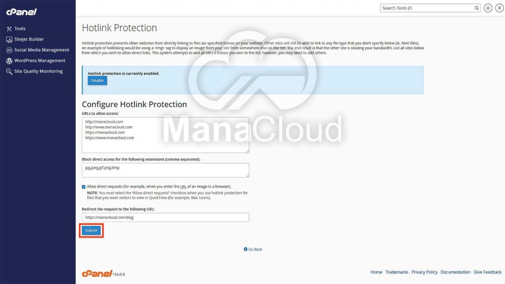دکمه Submit در Hotlink Protection